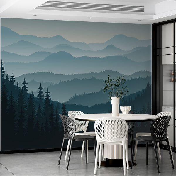 Eine Landschaft mit Bergen und Bäumen Eine Landschaft mit Bergen und Bäumen