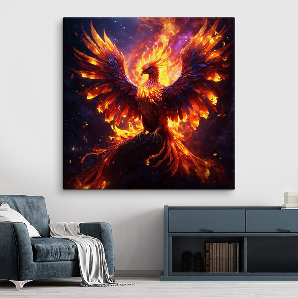 Ein Vogel mit ausgebreiteten Flügeln und Flammen im Hintergrund Ein Vogel mit ausgebreiteten Flügeln und Flammen im Hintergrund