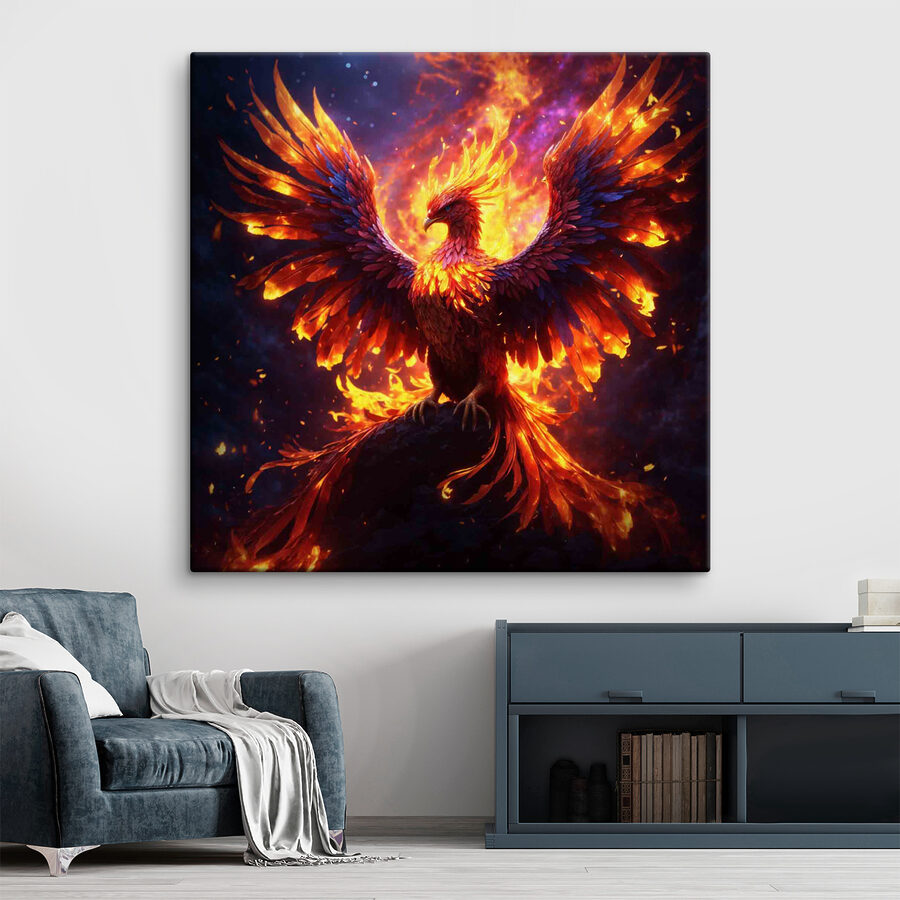 Ein Vogel mit ausgebreiteten Flügeln und Flammen im Hintergrund Ein Vogel mit ausgebreiteten Flügeln und Flammen im Hintergrund