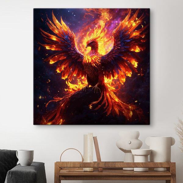 Ein Vogel mit ausgebreiteten Flügeln und Flammen im Hintergrund Ein Vogel mit ausgebreiteten Flügeln und Flammen im Hintergrund
