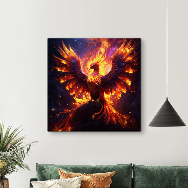Ein Vogel mit ausgebreiteten Flügeln und Flammen im Hintergrund Ein Vogel mit ausgebreiteten Flügeln und Flammen im Hintergrund