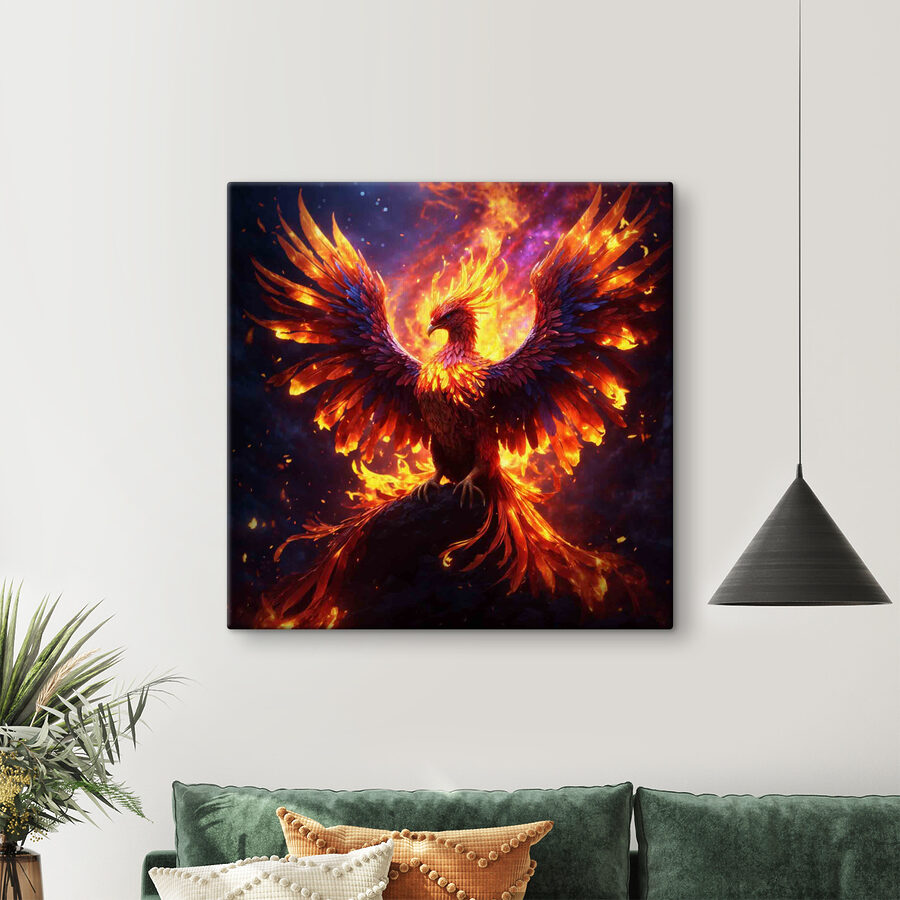 Ein Vogel mit ausgebreiteten Flügeln und Flammen im Hintergrund Ein Vogel mit ausgebreiteten Flügeln und Flammen im Hintergrund