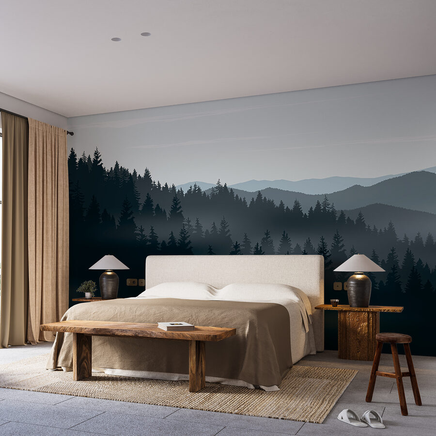 Eine Landschaft mit Bergen und Bäumen Eine Landschaft mit Bergen und Bäumen