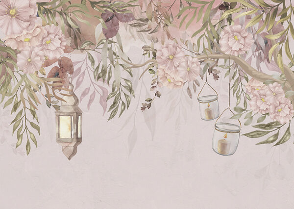Ein Gemälde eines Baumes mit Blumen und Laternen Ein Gemälde eines Baumes mit Blumen und Laternen