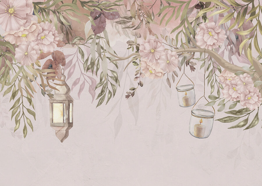 Ein Gemälde eines Baumes mit Blumen und Laternen Ein Gemälde eines Baumes mit Blumen und Laternen