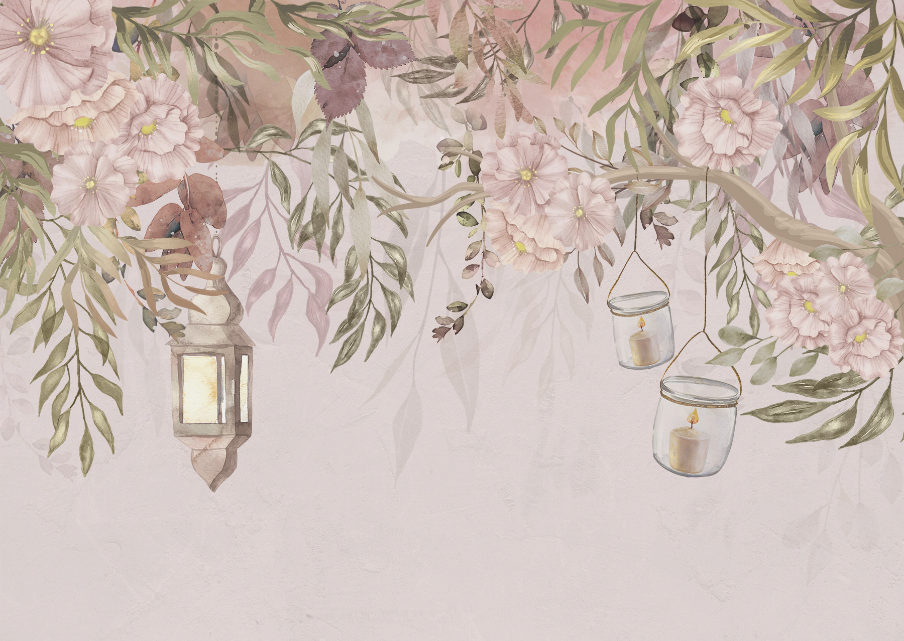 A painting of a tree with flowers and lanterns A painting of a tree with flowers and lanterns