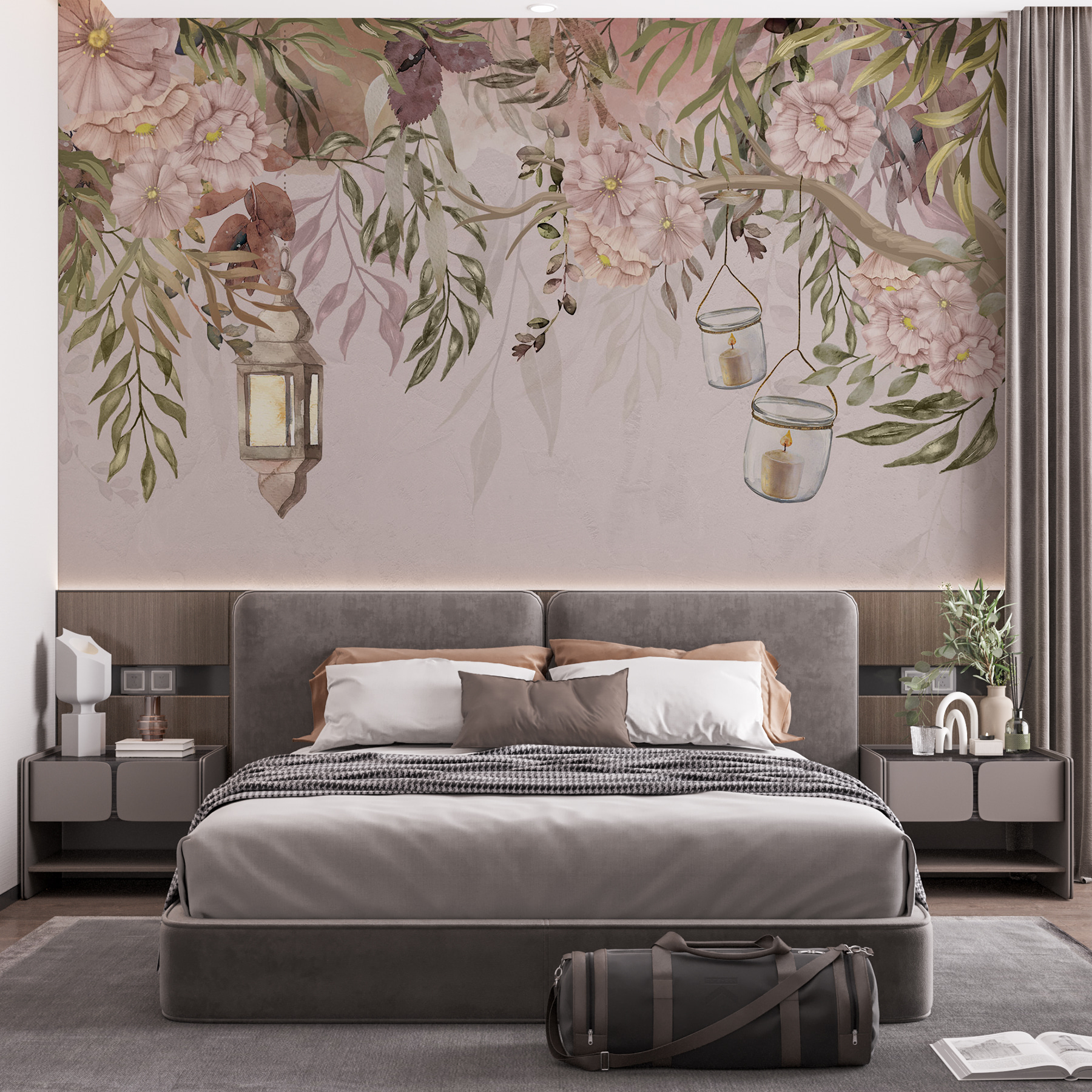 A painting of a tree with flowers and lanterns A painting of a tree with flowers and lanterns