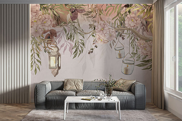 Ein Gemälde eines Baumes mit Blumen und Laternen Ein Gemälde eines Baumes mit Blumen und Laternen