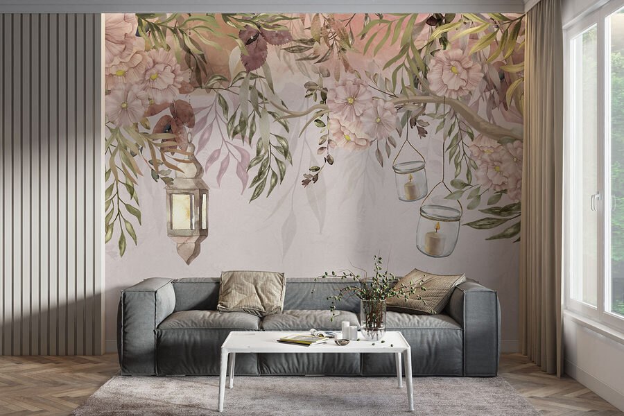 Ein Gemälde eines Baumes mit Blumen und Laternen Ein Gemälde eines Baumes mit Blumen und Laternen