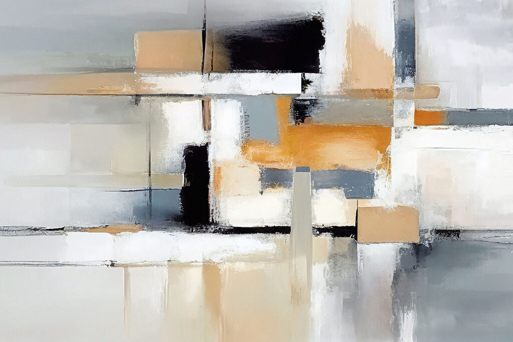 A painting of a white and black abstract art