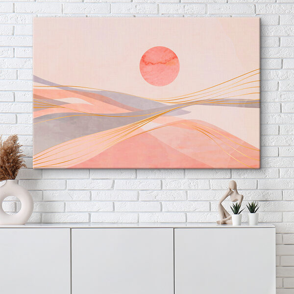 A pink and grey waves with a red sun