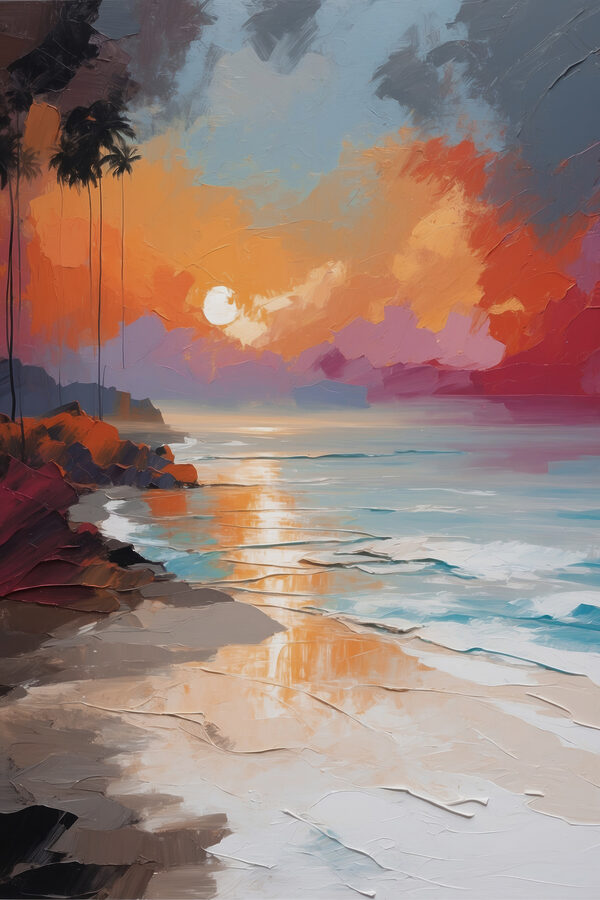 Ein Gemälde eines Strandes mit Palmen und einem Sonnenuntergang Ein Gemälde eines Strandes mit Palmen und einem Sonnenuntergang