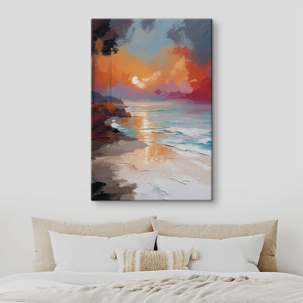 Ein Gemälde eines Strandes mit Palmen und einem Sonnenuntergang Ein Gemälde eines Strandes mit Palmen und einem Sonnenuntergang