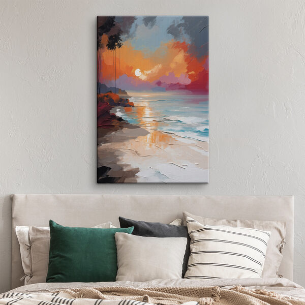 Ein Gemälde eines Strandes mit Palmen und einem Sonnenuntergang Ein Gemälde eines Strandes mit Palmen und einem Sonnenuntergang