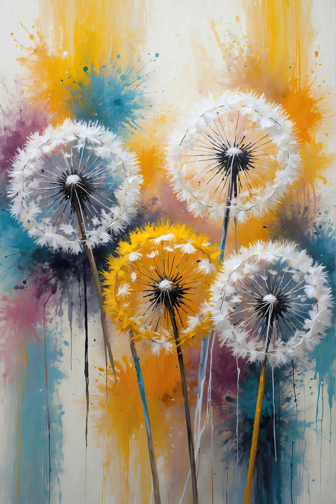 A group of dandelions with white seeds