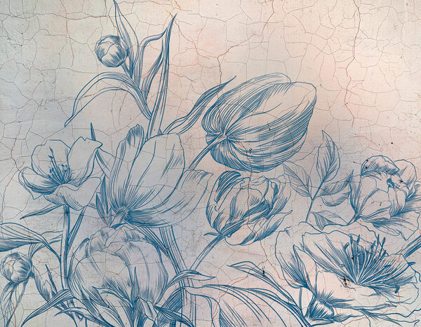 Eine Zeichnung von Blumen auf einer rissigen Wand Eine Zeichnung von Blumen auf einer rissigen Wand