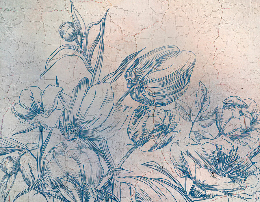 Eine Zeichnung von Blumen auf einer rissigen Wand