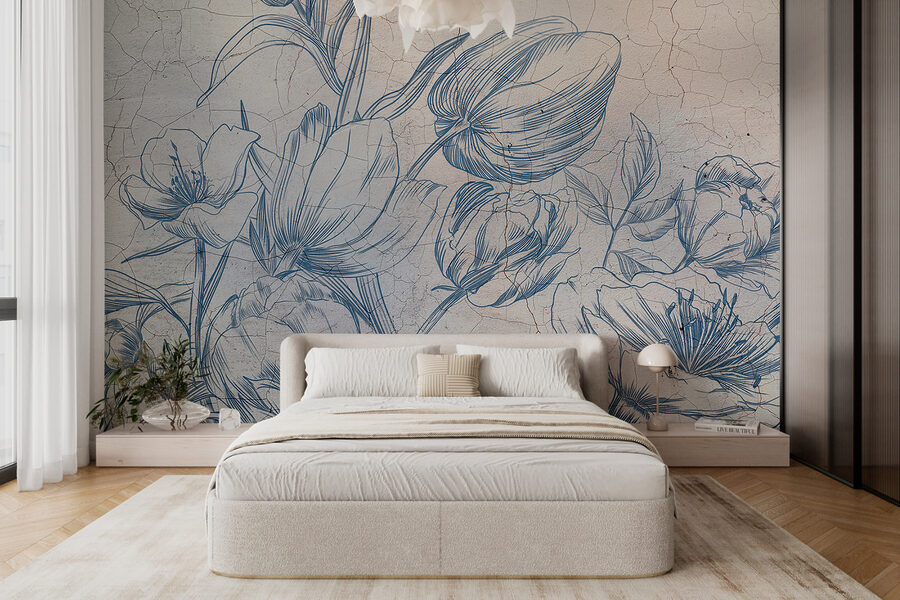 Eine Zeichnung von Blumen auf einer rissigen Wand