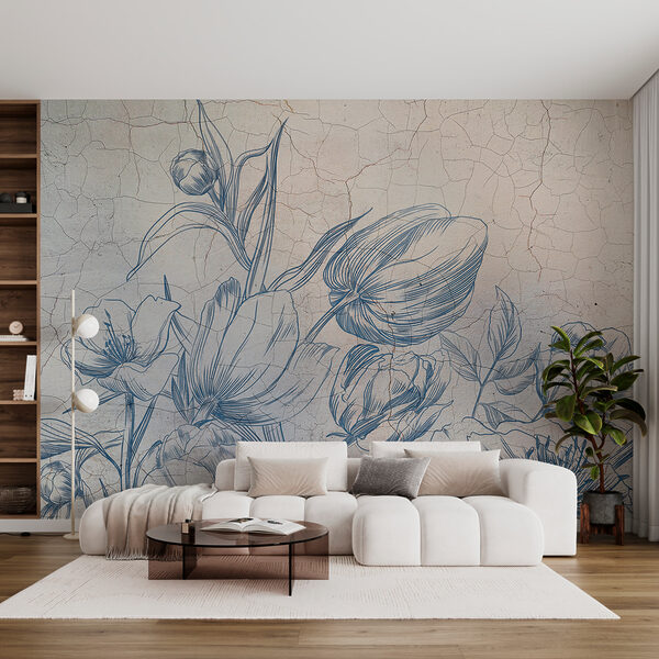 Eine Zeichnung von Blumen auf einer rissigen Wand Eine Zeichnung von Blumen auf einer rissigen Wand
