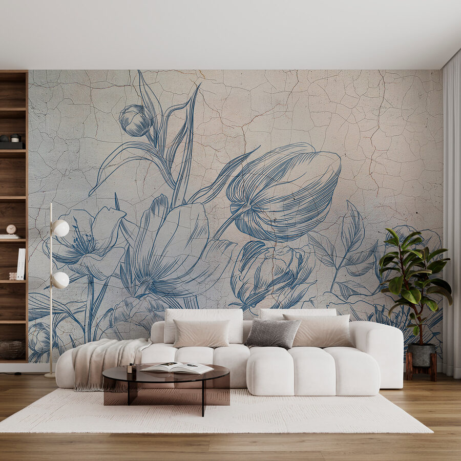 Eine Zeichnung von Blumen auf einer rissigen Wand