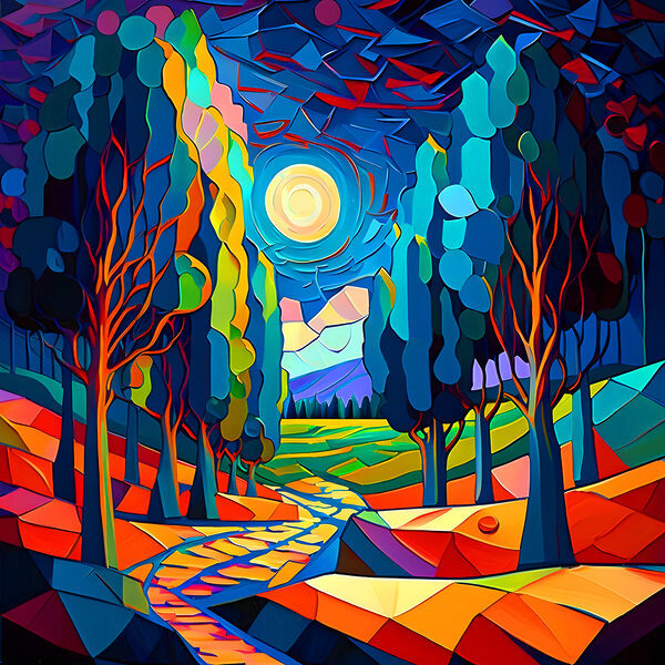 Eine bunte Landschaft mit Bäumen und einem Weg Eine bunte Landschaft mit Bäumen und einem Weg