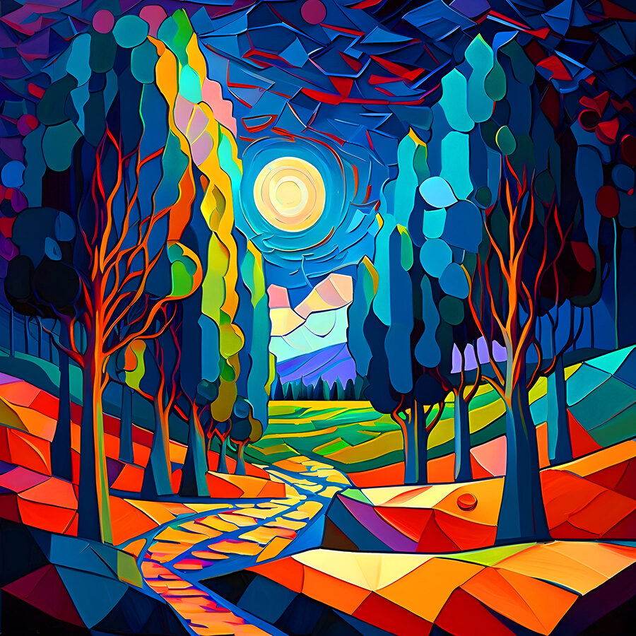 Eine bunte Landschaft mit Bäumen und einem Weg Eine bunte Landschaft mit Bäumen und einem Weg