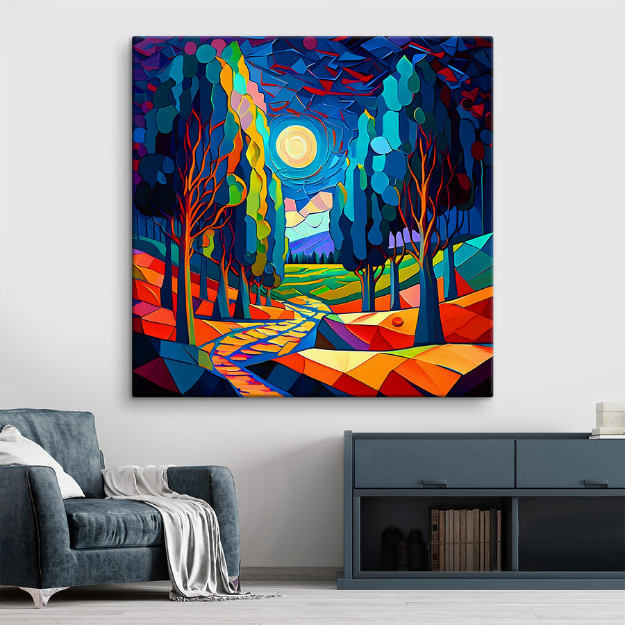 Eine bunte Landschaft mit Bäumen und einem Weg Eine bunte Landschaft mit Bäumen und einem Weg