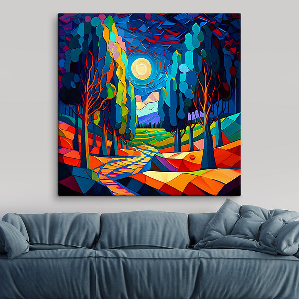 Eine bunte Landschaft mit Bäumen und einem Weg Eine bunte Landschaft mit Bäumen und einem Weg
