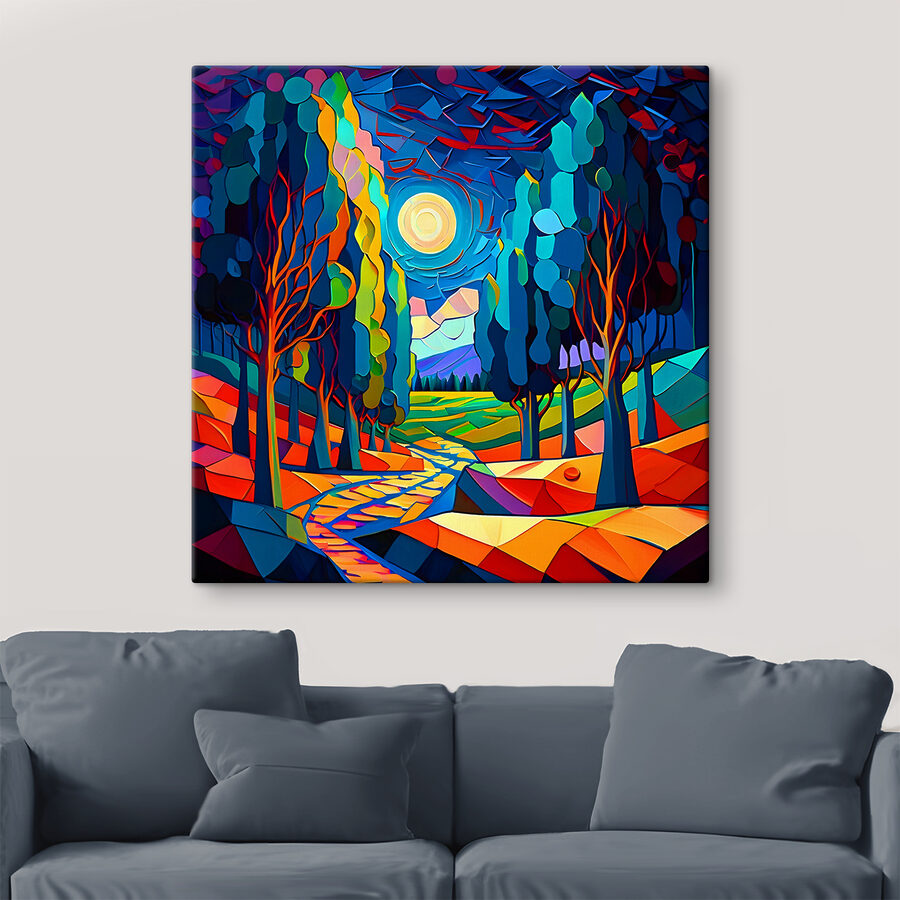 Eine bunte Landschaft mit Bäumen und einem Weg Eine bunte Landschaft mit Bäumen und einem Weg