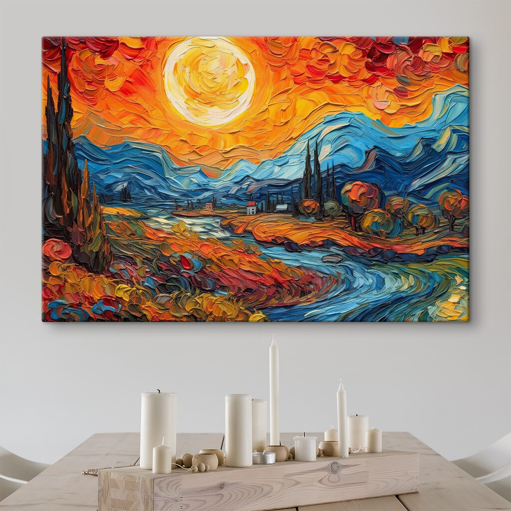 A painting of a landscape with a river and mountains