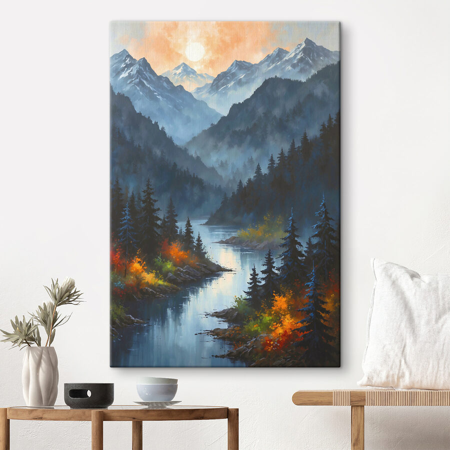 Ein Fluss, der durch ein Gebirgstal fließt Ein Fluss, der durch ein Gebirgstal fließt