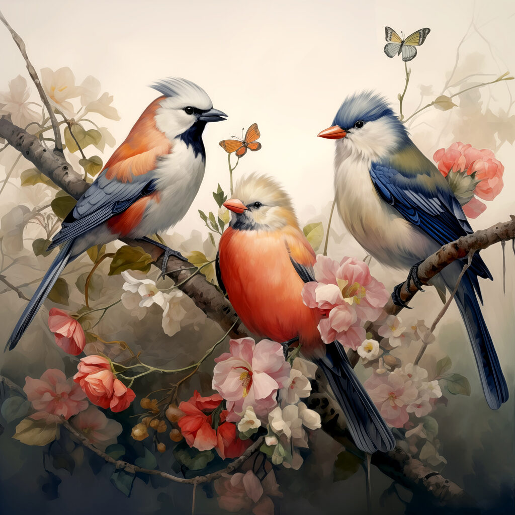 A group of birds on a branch with flowers A group of birds on a branch with flowers