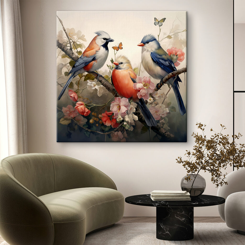 A group of birds on a branch with flowers A group of birds on a branch with flowers