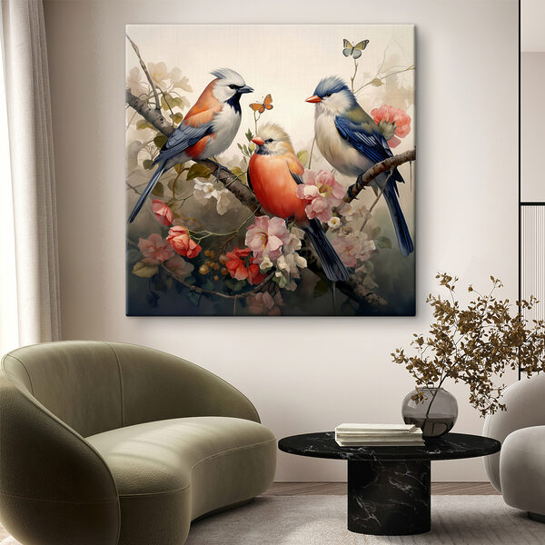 A group of birds on a branch with flowers A group of birds on a branch with flowers