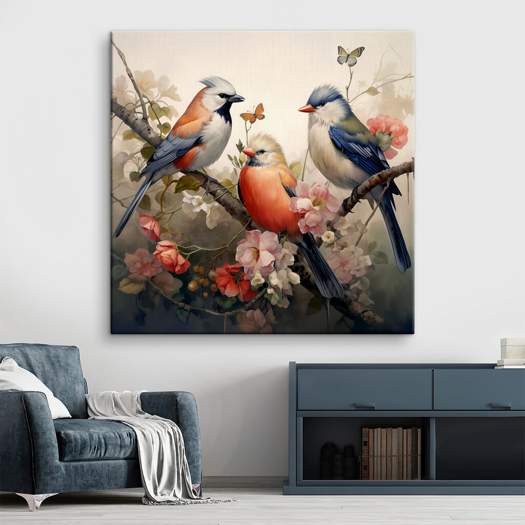 A group of birds on a branch with flowers A group of birds on a branch with flowers