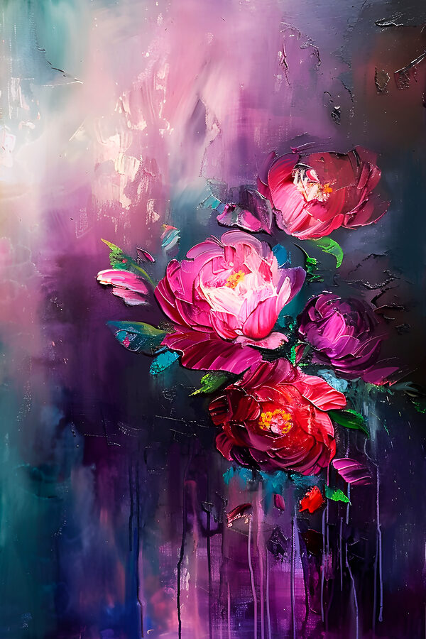 Ein Gemälde mit Blumen auf violettem Hintergrund Ein Gemälde mit Blumen auf violettem Hintergrund
