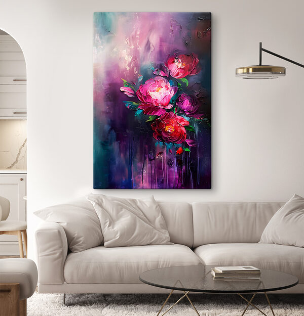 Ein Gemälde mit Blumen auf violettem Hintergrund Ein Gemälde mit Blumen auf violettem Hintergrund
