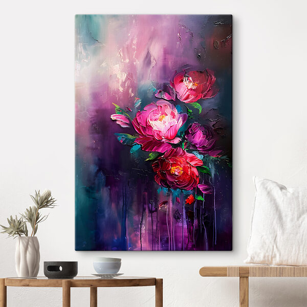 Ein Gemälde mit Blumen auf violettem Hintergrund Ein Gemälde mit Blumen auf violettem Hintergrund