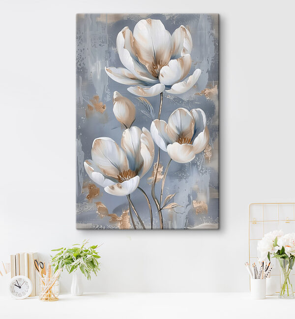 A painting of flowers on a blue background A painting of flowers on a blue background