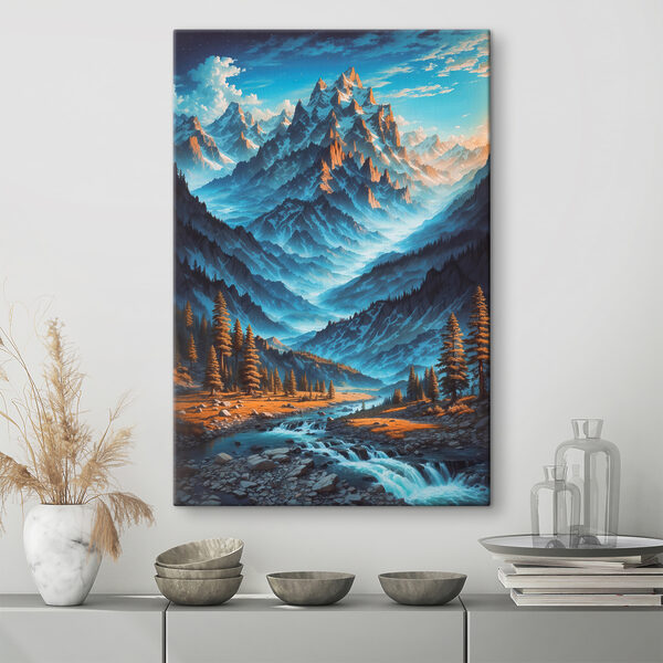 Eine Bergkette mit Bäumen und einem Fluss Eine Bergkette mit Bäumen und einem Fluss