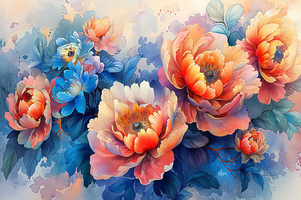 Ein Gemälde mit Blumen auf blauem Hintergrund Ein Gemälde mit Blumen auf blauem Hintergrund
