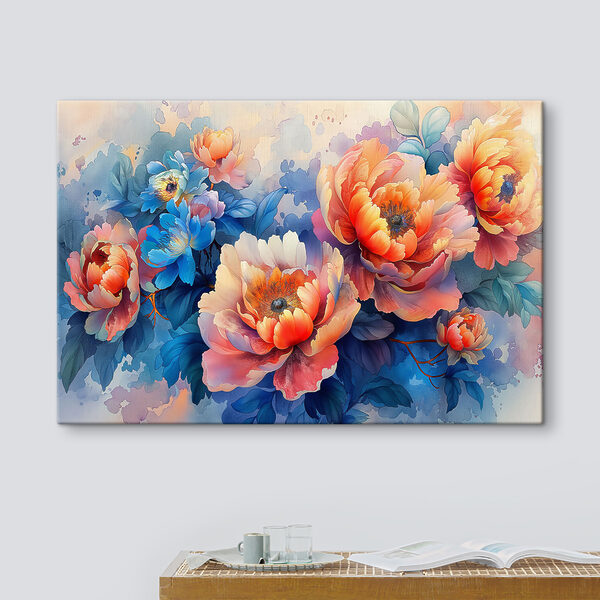 Ein Gemälde mit Blumen auf blauem Hintergrund Ein Gemälde mit Blumen auf blauem Hintergrund