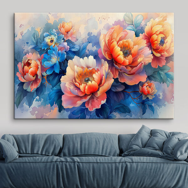 Ein Gemälde mit Blumen auf blauem Hintergrund Ein Gemälde mit Blumen auf blauem Hintergrund