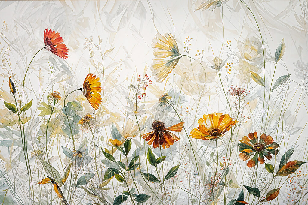 A painting of flowers and leaves