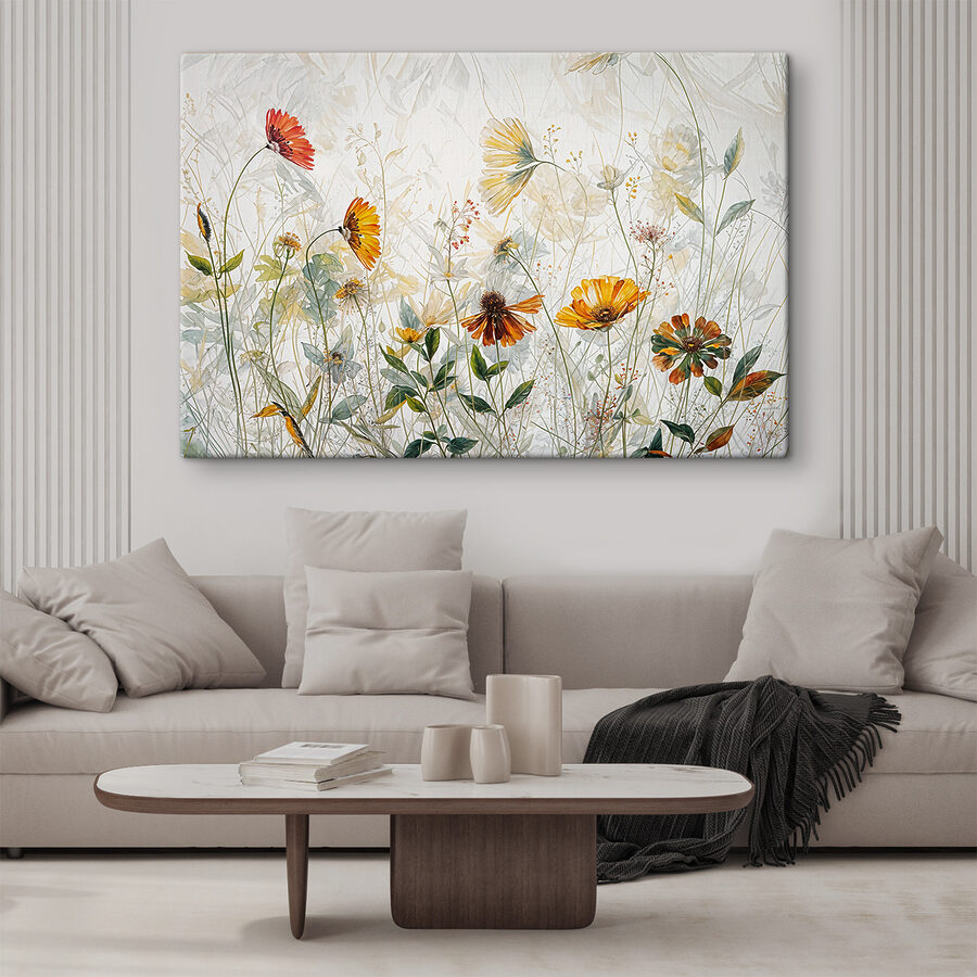 Ein Gemälde mit Blumen und Blättern
