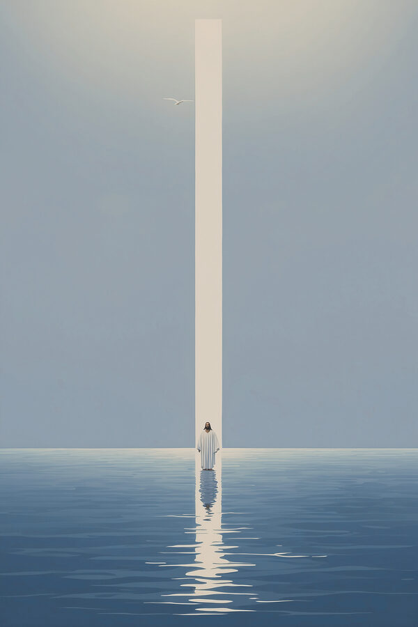 Eine im Wasser stehende Person mit einem Lichtstrahl Eine im Wasser stehende Person mit einem Lichtstrahl