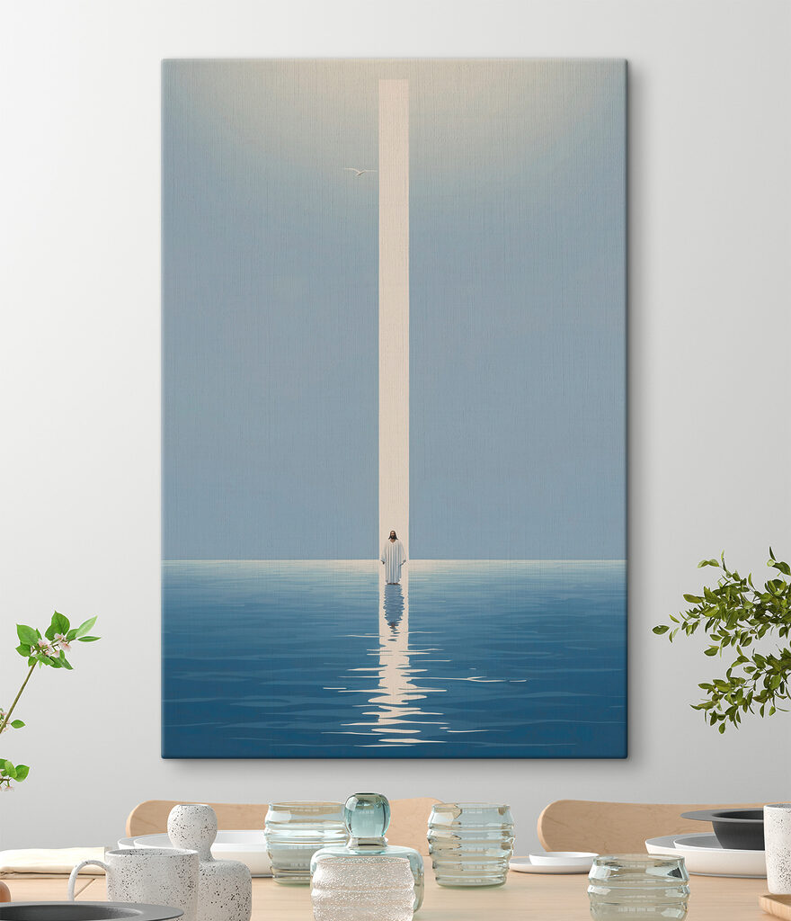 A person standing in water with a light beam