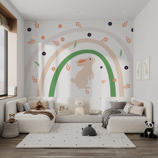 Ein Kaninchen und ein Regenbogen mit Blumen Ein Kaninchen und ein Regenbogen mit Blumen