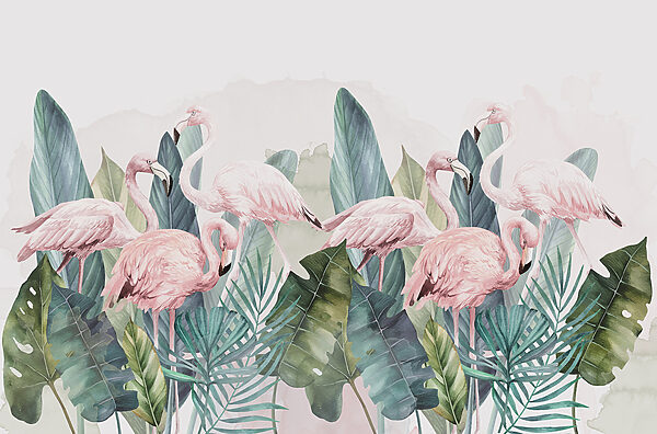 Eine Gruppe von rosa Flamingos und Blättern Eine Gruppe von rosa Flamingos und Blättern