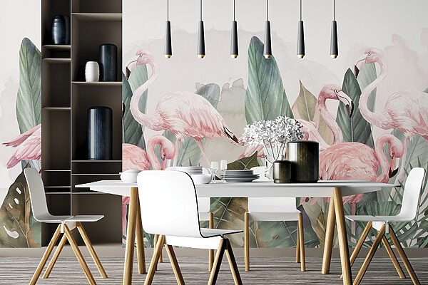 Eine Gruppe von rosa Flamingos und Blättern Eine Gruppe von rosa Flamingos und Blättern